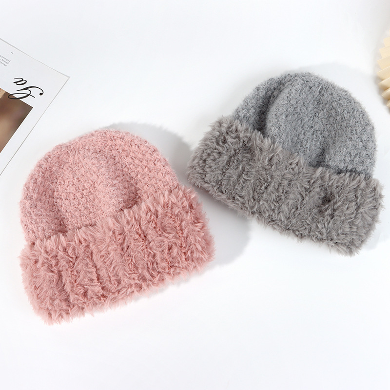 23 New Warm Woolen Hat Show Face Small Day Simple Autumn And Winter Plush Patchwork Knitted Hat Women Foreign Trade Tide Specification drawing