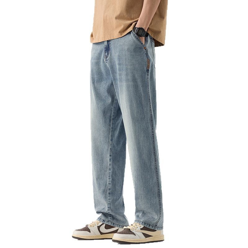 Lyocell Tencel jeans for men's summer, a thin, loose, straight-leg American streetwear brand with a drape and casual wide-leg long pants Item Picture