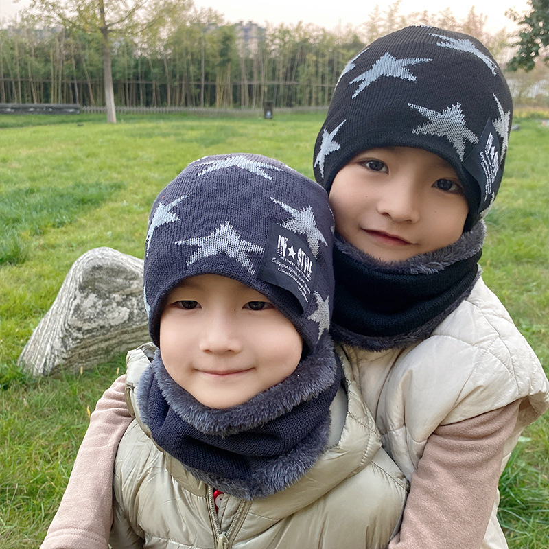 Korean five-star children's woolen caps, acrylic warm hats for boys and girls, scarf sets, outdoor sports knitted caps details Picture