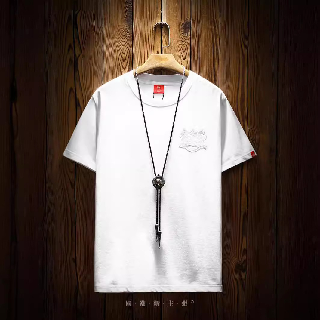 Summer trendy brand, Chinese style, heavy industry, Qilin embroidery, short-sleeved T-shirt, men's niche trend, Chinese style, half-sleeved T-shirt Application Scenario