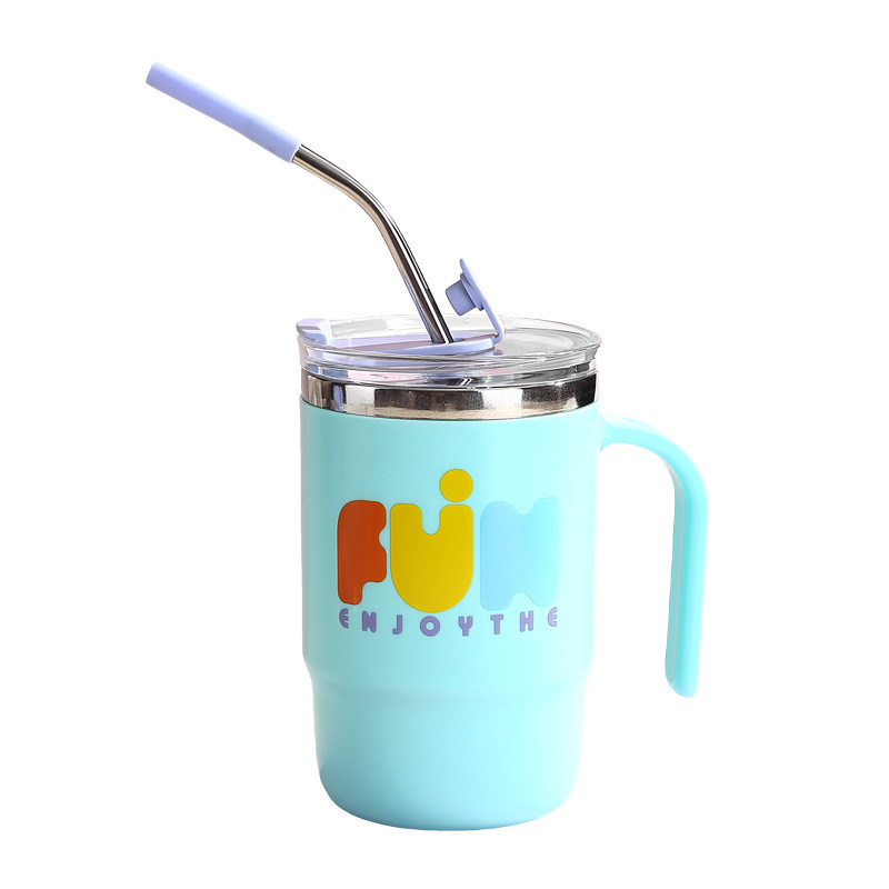 Simple water cup with handle, household and office sealed water cup, mug, student water cup with straw, stainless steel water cup Item Picture