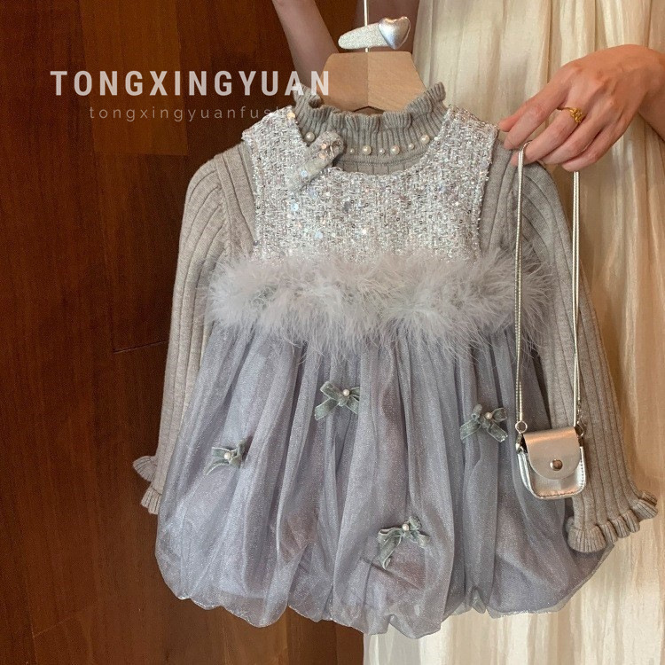 童星圆女童秋冬新款儿童中小童加绒背心裙可爱洋气连衣裙礼服套装