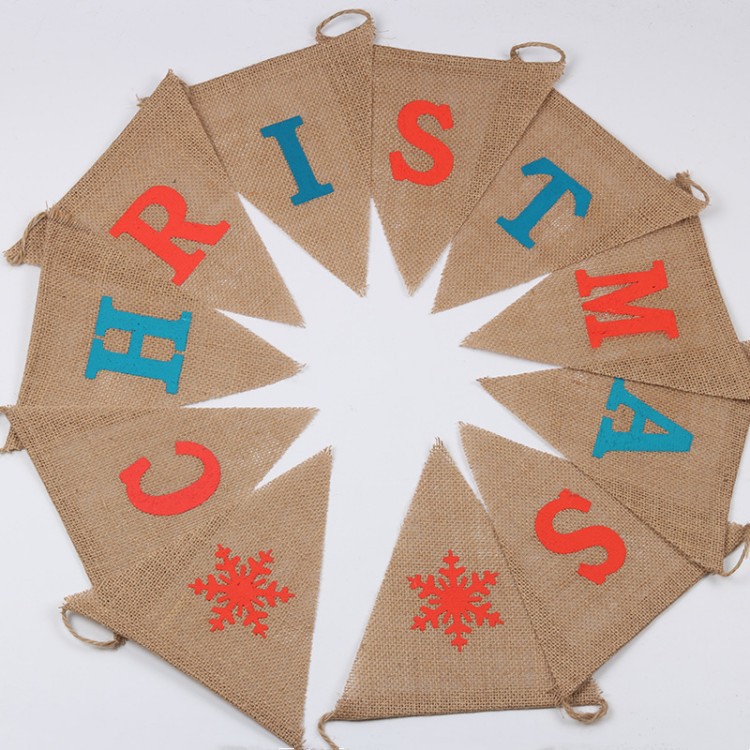 Jute Christmas decoration triangular flag Christmas triangular flag Christmas party decoration Snowflake linen color details Picture