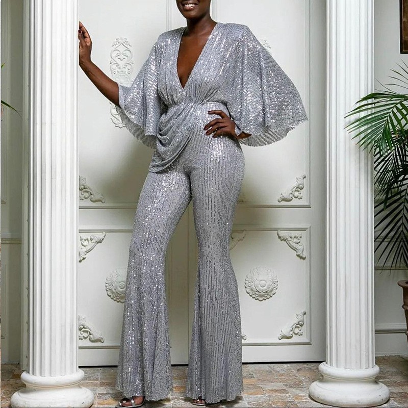 2025 New women's clothing for European and American foreign trade, ebay and Amazon direct sales, sequined sexy deep V backless jumpsuit long pants Application Scenario