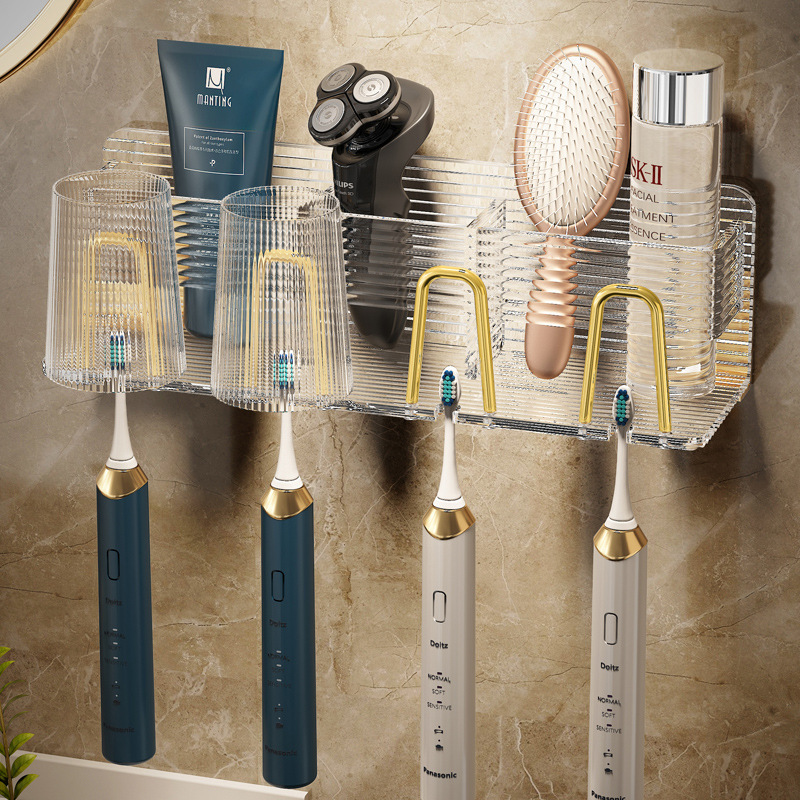 Transparent light luxury toothbrush rack, non-perforated acrylic bathroom mouthwash cup and tooth cup, wall-mounted storage box, electric Application Scenario