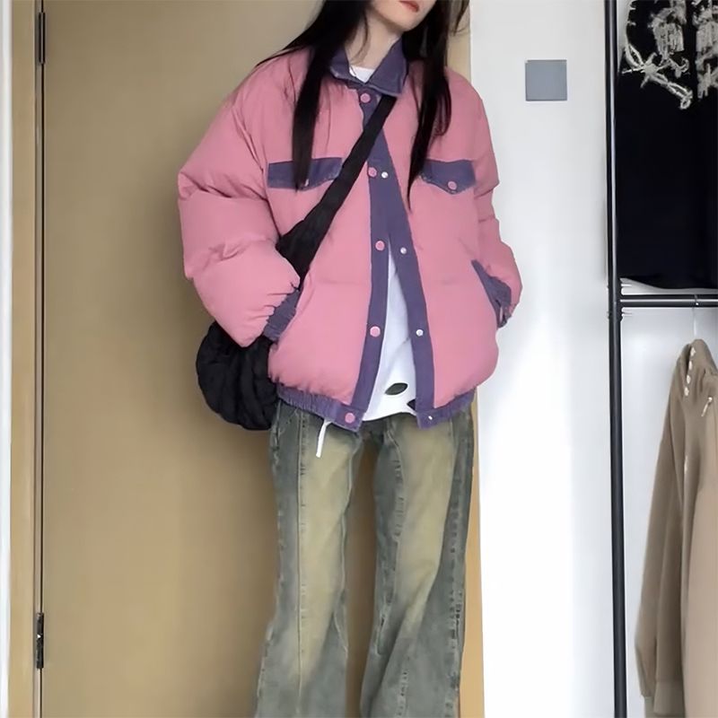 American Vintage Pink Patchwork Couple Cotton-Padded Coat For Men And Women Winter Loose Thick Bread Coat For Women Ins Specification drawing