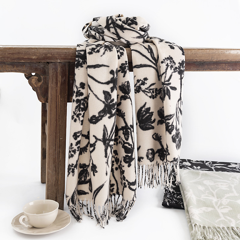 New Imitation Cashmere Scarf Female Cream Sweet Sister Wind Autumn And Winter Printed Scarf Korean Version Korean Neck Network Red Shawl Specification drawing