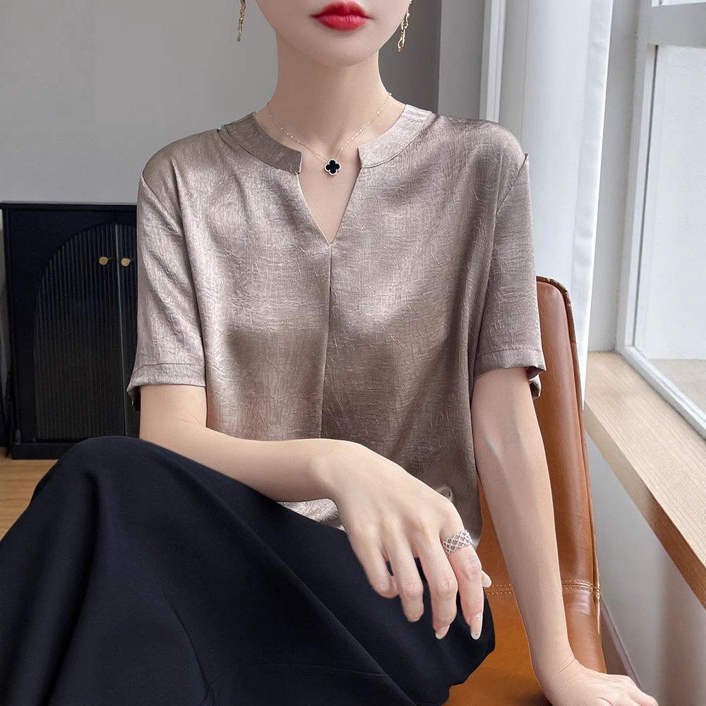 Women's summer high-end V-neck T-shirt, belt-covering shirt, acetate satin thin cross-style business plus-size short-sleeved top Specification image