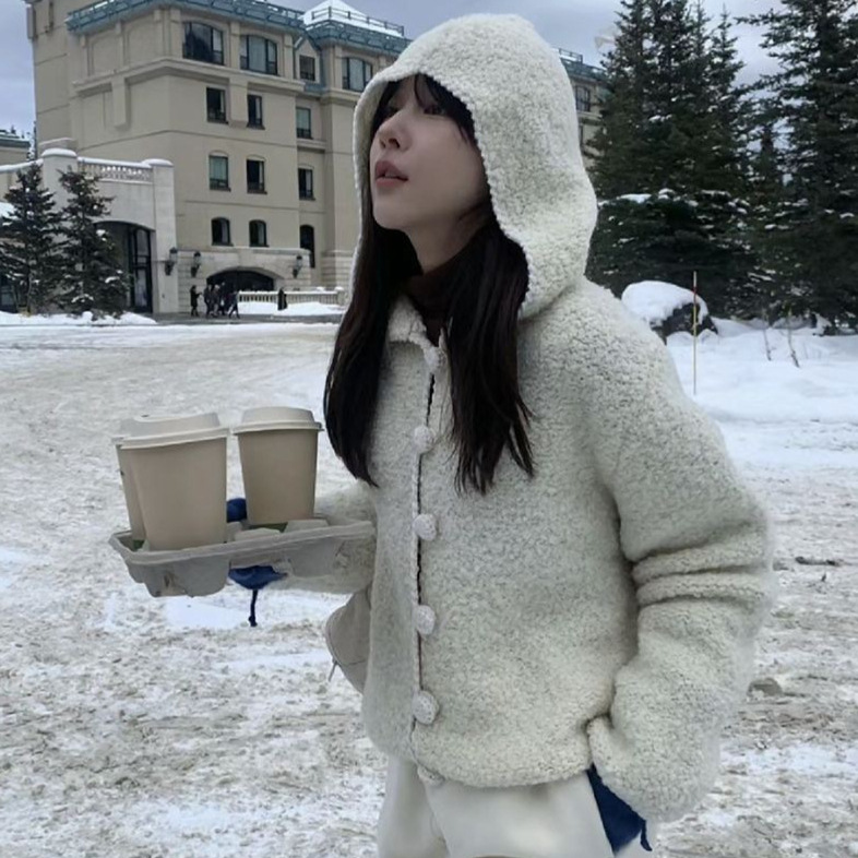 韩代款慵懒休闲风连帽羊毛针织开衫女秋冬圈圈纱宽松毛衣外套 431