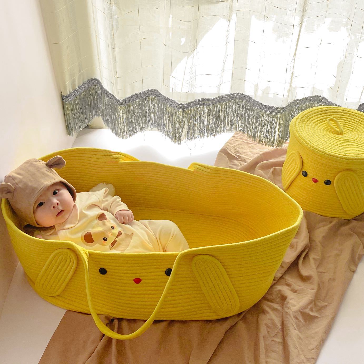 ins北欧风婴儿手提篮 便携式纯棉编织婴儿睡篮 可折叠手提婴儿床详情图2