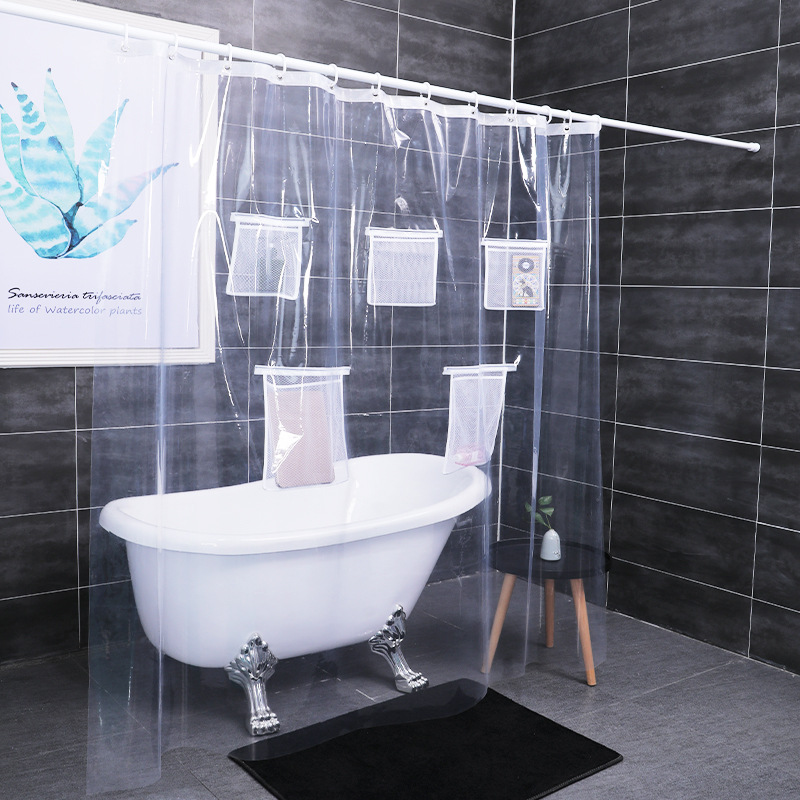 浴帘 网兜浴帘  可装东西的浴帘 防水帘 eva帘 隔断帘 家用浴帘帘