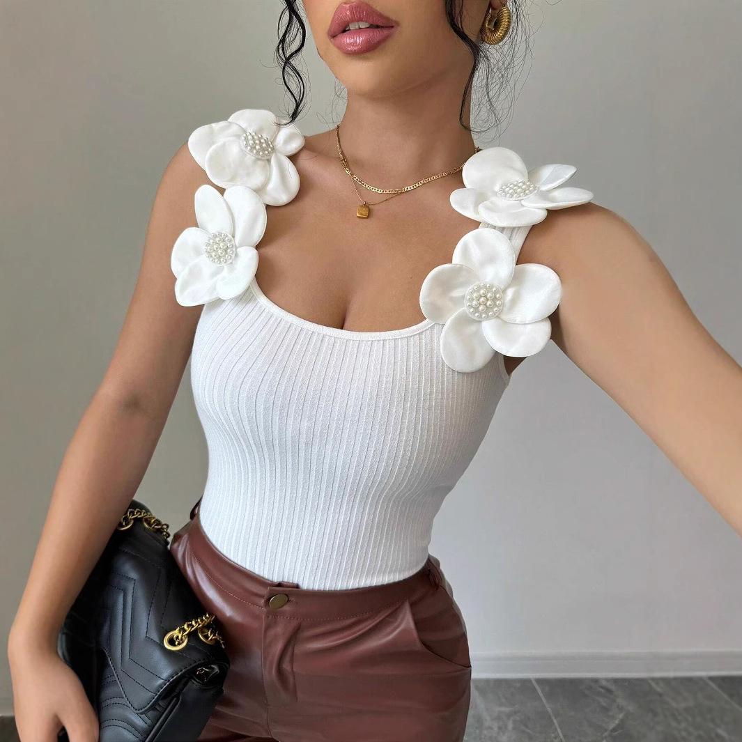 2025 European and American cross-border vest Women's Summer new style, elegant and casual, three-dimensional flower-decorated knitted sleeveless top