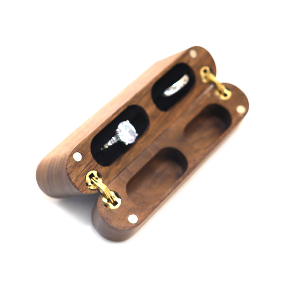 Rounded corner tall long strip double brass hinge engagement ring box, black walnut diamond ring pair box, 180° opening and closing Application Scenario