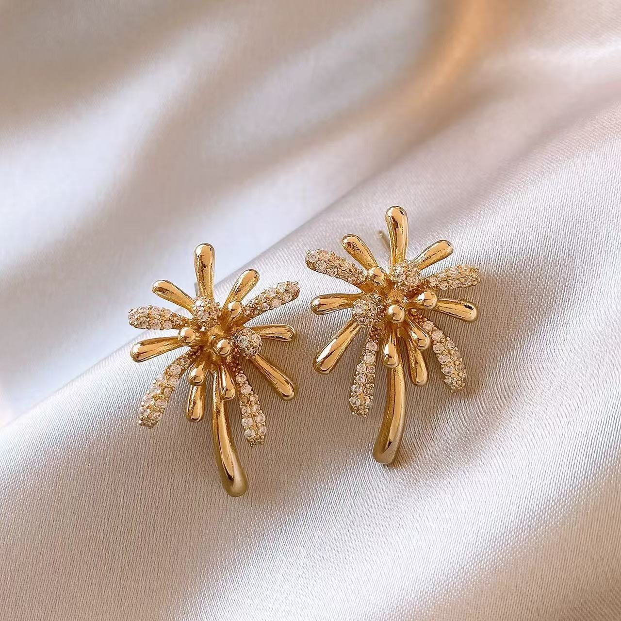S925 Silver Needle Gold Zircon Fireworks Earrings, a unique, high-end, exquisite, light luxury and stunning earring accessory for the New Year Application Scenario