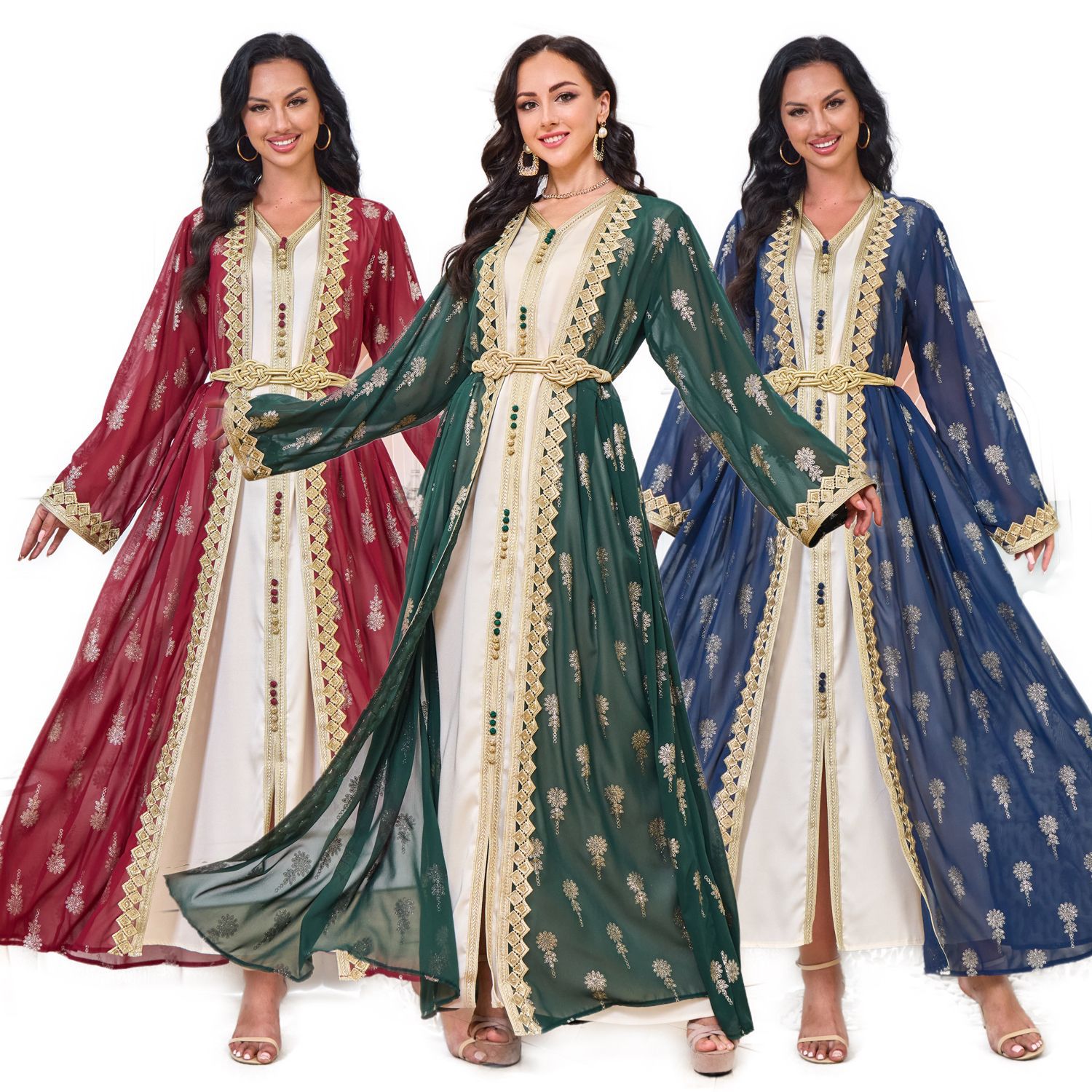 MT029中东跨境外贸阿拉伯服饰长袍 刺绣开衫背心两件套连衣裙ebay