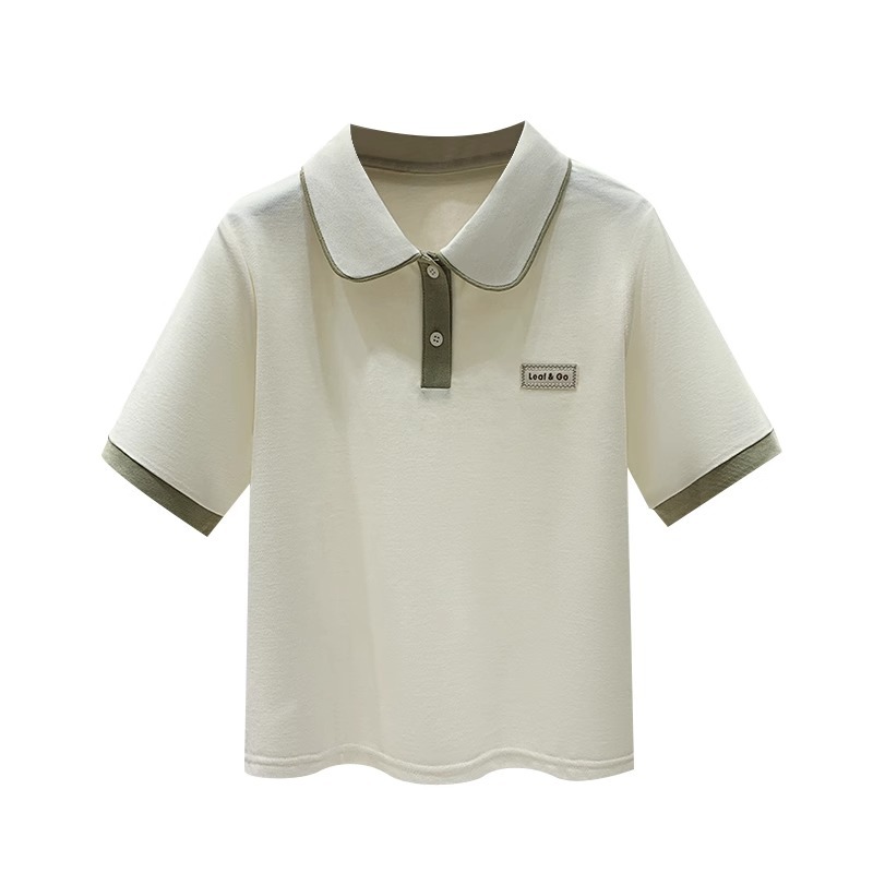 2024 Summer new style of niche design with a color-blocking doll-neck polo shirt, short-sleeved T-shirt, and sweet and spicy top for women Item Picture
