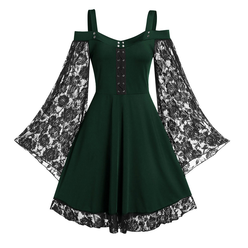 European and American one-shoulder flared sleeve lace patchwork artistic retro dress women's casual dress one-piece delivery details Picture