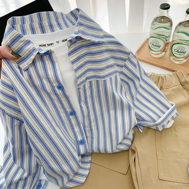 Boys' shirt 2024 Stylish spring and autumn striped long-sleeved shirt for children, Korean-style casual top for kids, thin and trendy Application Scenario