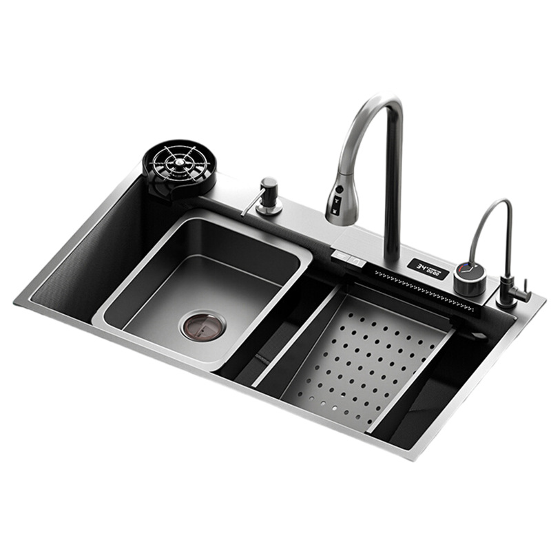 Home honeycomb embossed raindrop digital display waterfall kitchen sink large single slot 3MM thickened stainless steel sink Item Picture