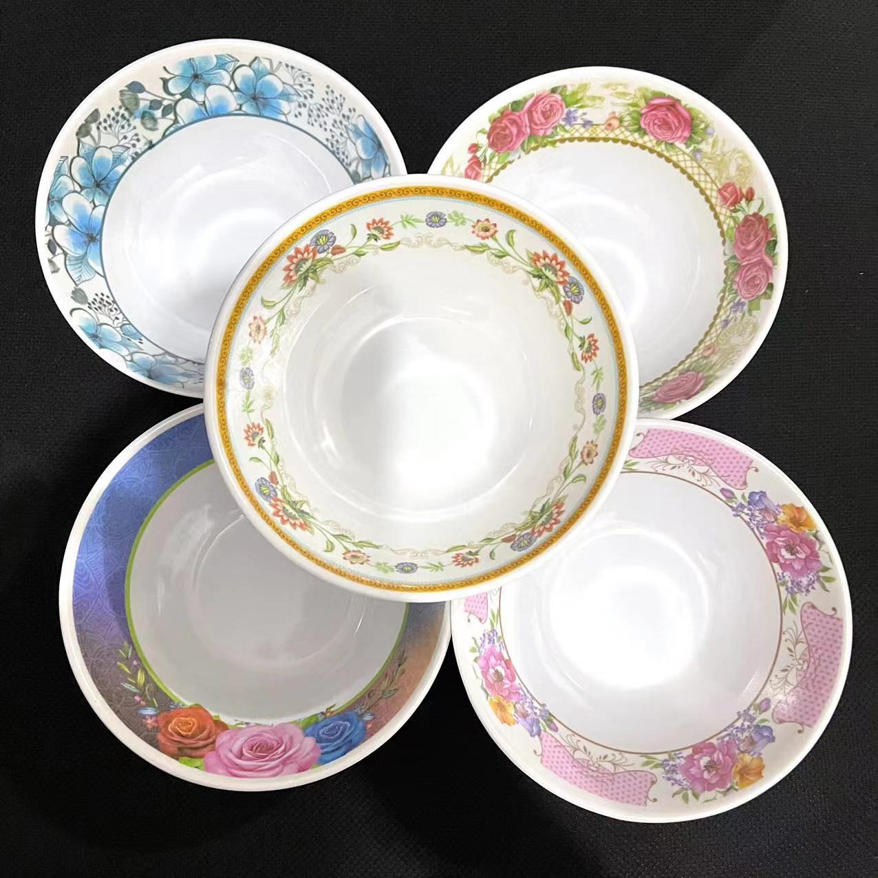 【 Zone 3-10 】9109 bowls, 12 per pack, 504 per box. 9109 one-yuan store tableware, melamine bowls, melamine bowls, white porcelain bowls with patterns, white rice bowls, 2 yuan supply