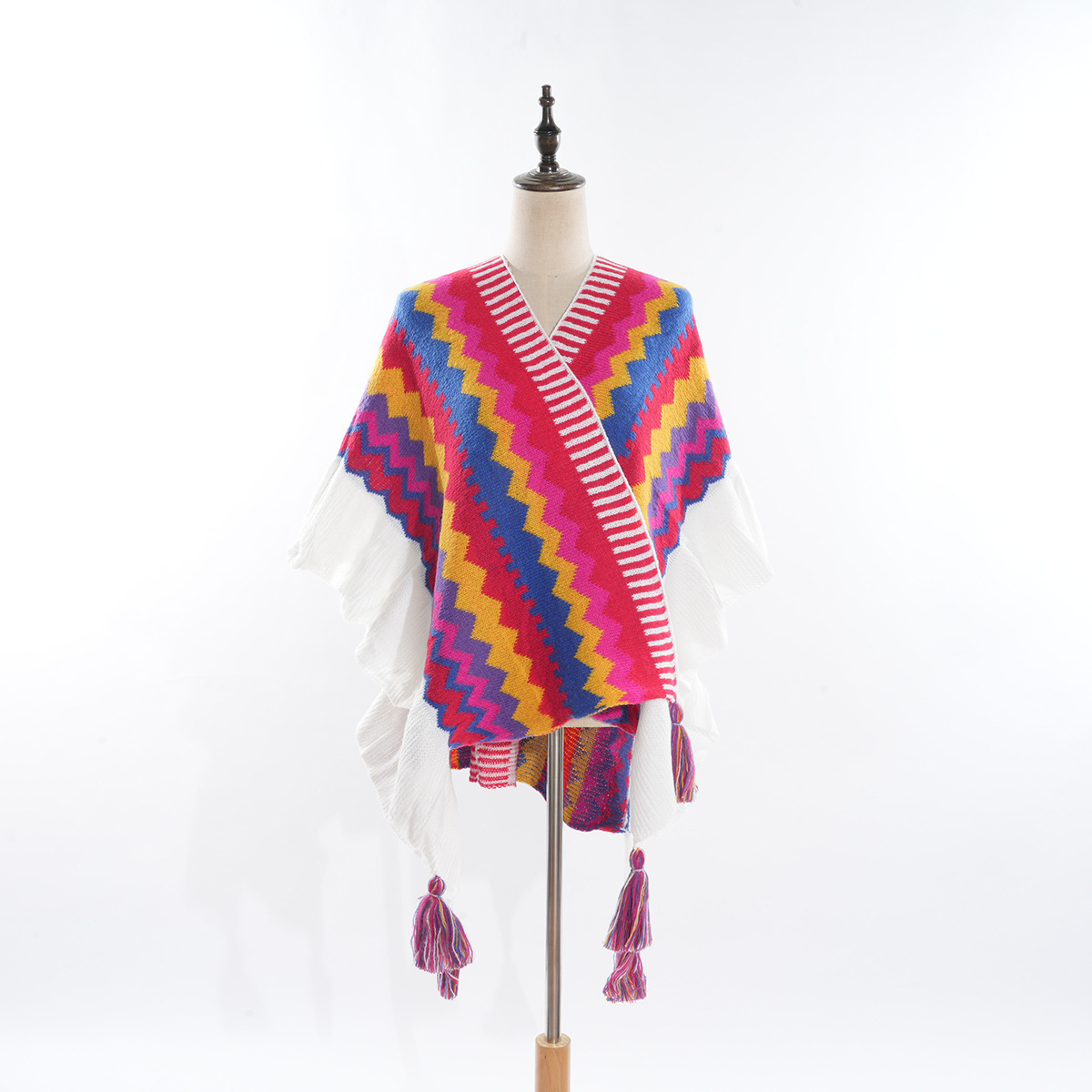 The 2023 autumn/winter new Bohemian ethnic style rainbow striped outerwear shawl fashionable women's cape with black ear trim details Picture