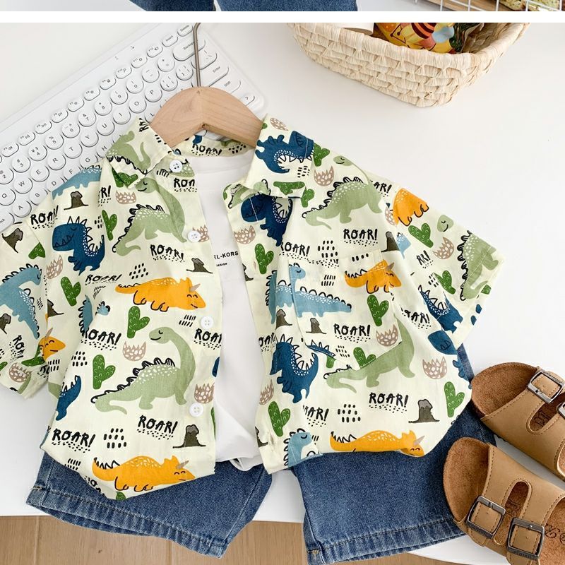 Boys' cartoon dinosaur shirt 2024 Summer new style small and medium-sized children's cool thin shirt, children's pure cotton top trendy Specification image