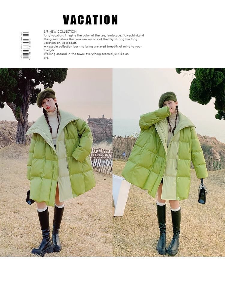 Aguacate verde pato blanco abajo PU piel abajo chaqueta para mujeres estilo mediano largo diseño de nicho sentido influencers estilo explosivo abrigo sin lavado pic 15