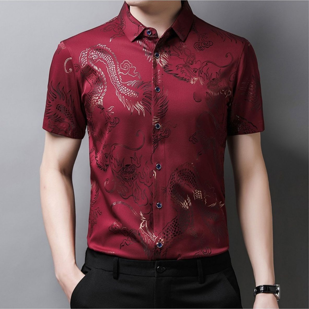 2024 verano de los hombres dragon print shirt fino estilo transpirable moda casual hielo seda fresca manga corta una pieza de reemplazo de cabello details Picture