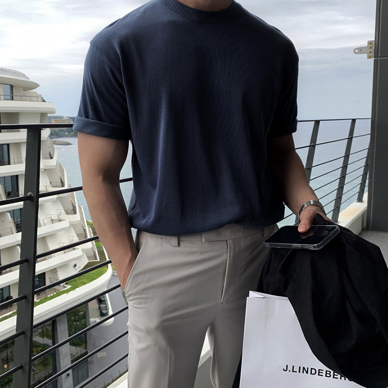 ASCLO summer top, ins simple and versatile knitted T-shirt, breathable round neck, thin and fashionable commuter knitted short-sleeved Item Picture