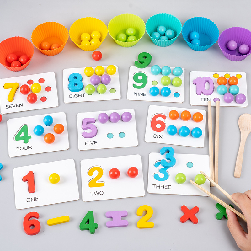 Wooden Number Arithmetic Clip Bead Matching Game Children's Early Education Puzzle Toy Building Blocks Color Sorting Cup Cross-Border details Picture
