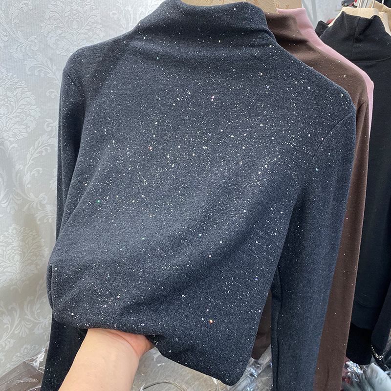 Double-sided German velvet starry sky sparkling base layer T-shirt for women's autumn and winter new thickened warm semi-high neck T-shirt half top