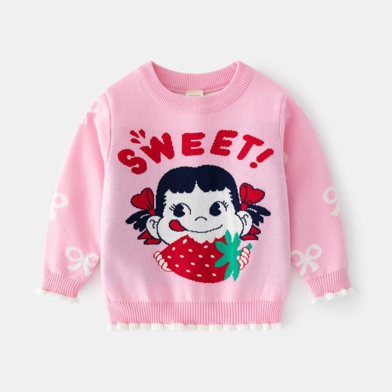 Korean children's clothing one-piece consignment for girls, cartoon girls, jacquard sweaters, strawberry new autumn and winter styles, baby girls sweaters trend Specification image
