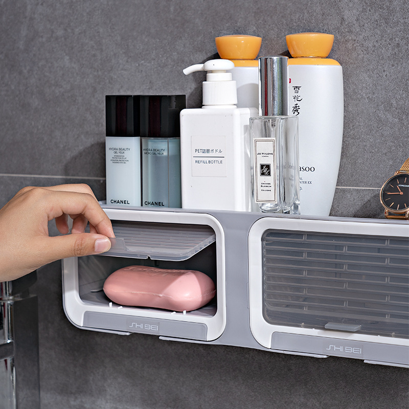 Household Shutters Soap Box Perforation-Free Wall Mounted Double-Row Drain Box Storage Rack Multi-Functional Small Storage Box Application Scenario