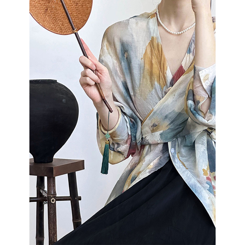 Juzhi's new Spring/Summer 2024 French retro patchwork long-sleeved shirt for women with an irregular design sense, 1593 Specification image