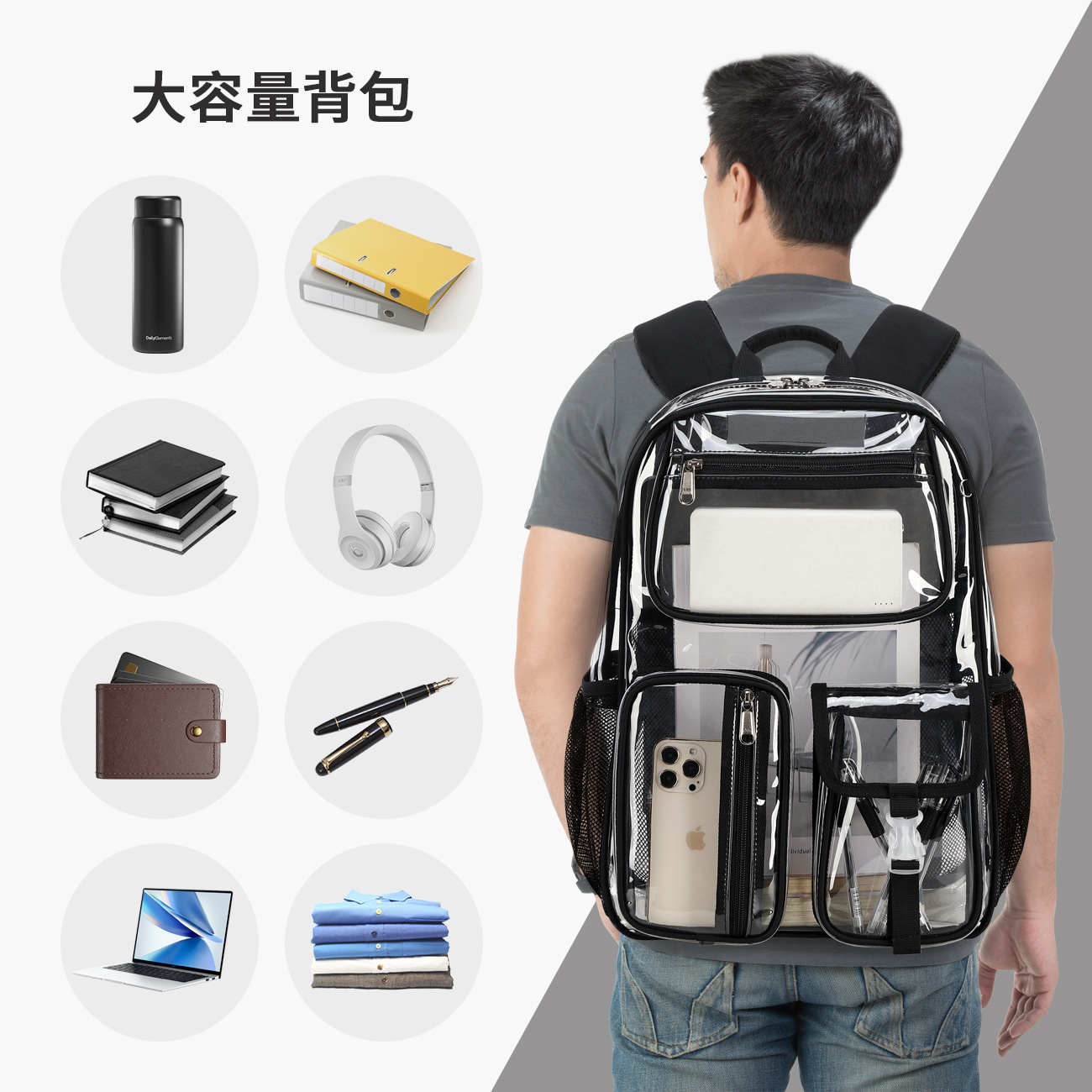 Transparent jelly bag for male high school students, TPU schoolbag, 2024 new model, large-capacity waterproof backpack, cross-border details Picture