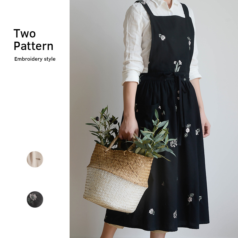 Cross-Border Korean Version Of Embroidery Cotton Kitchen Apron Housework With Pockets Cotton Linen Waterproof Apron Waist Factory Wholesale Specification drawing