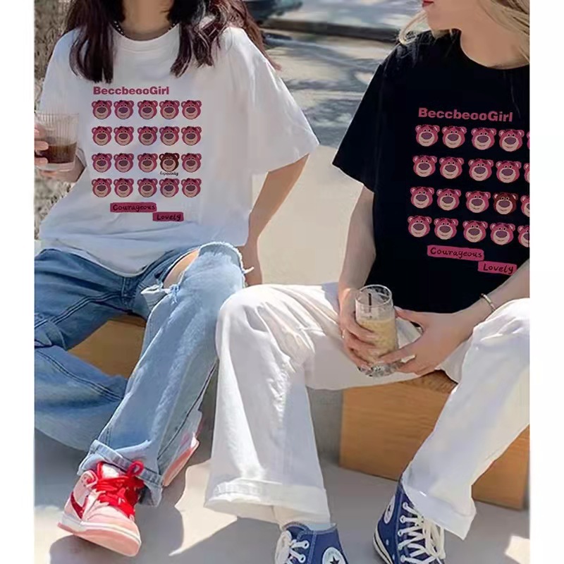 Round-neck couple white printed cotton loose short-sleeved T-shirts for men and women, elegant commuting pullover women's tops