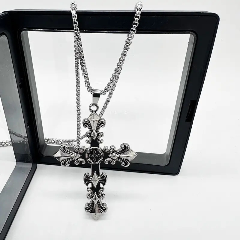 Factory wholesale and direct sales of new retro European and American cross flower pendant, cross men's personalized titanium steel necklace Specification image