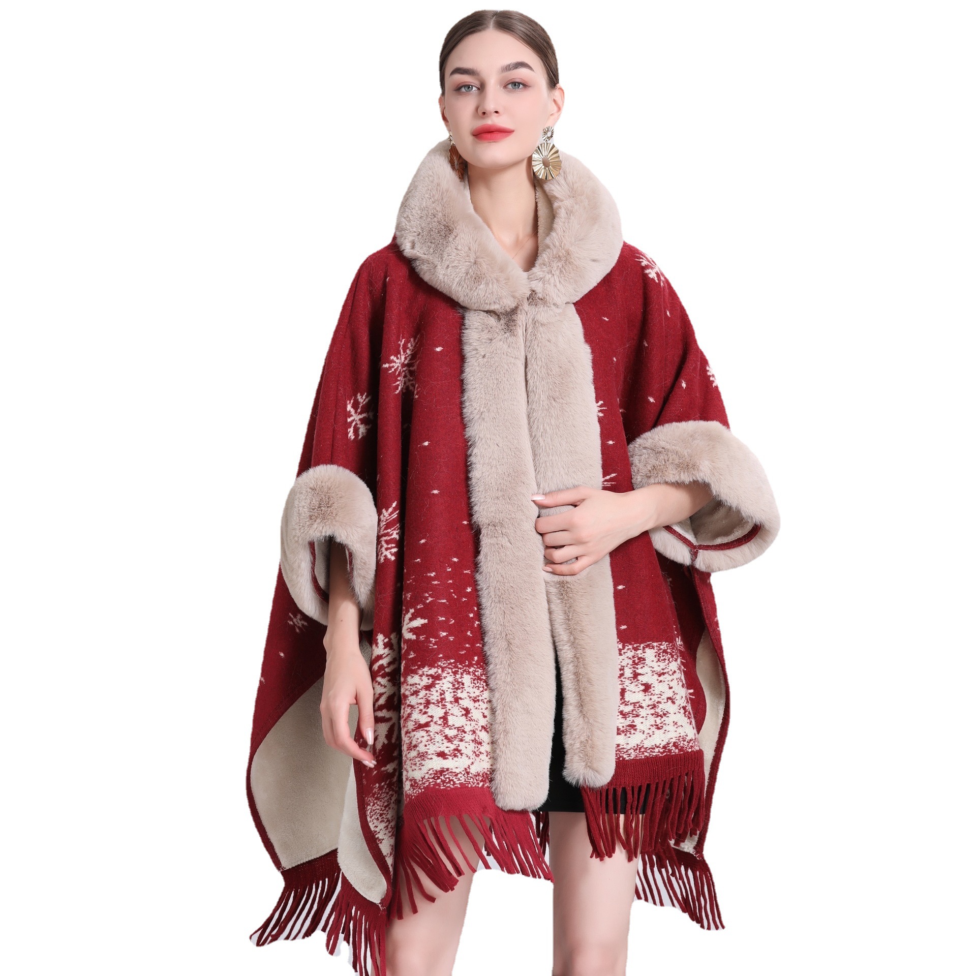 869# Factory Direct Sales Loose Plaid Plaid With Thick Wool Collar Knitted Shawl Cape Women's Woolen Shawl Coat Item Picture