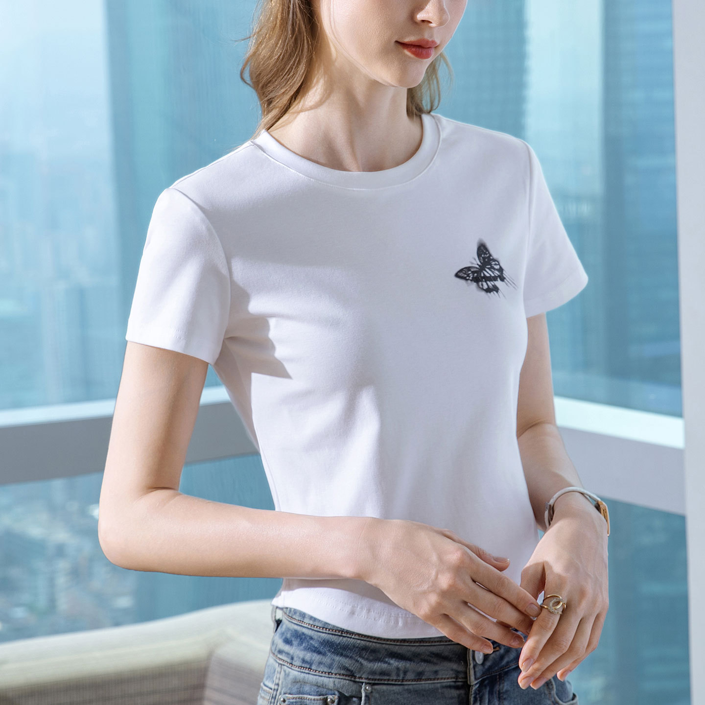 Short-sleeved T-shirt for women's summer 2025 new style, straight-shoulder round-neck butterfly print T-shirt, slimming and slim Korean-style top details Picture