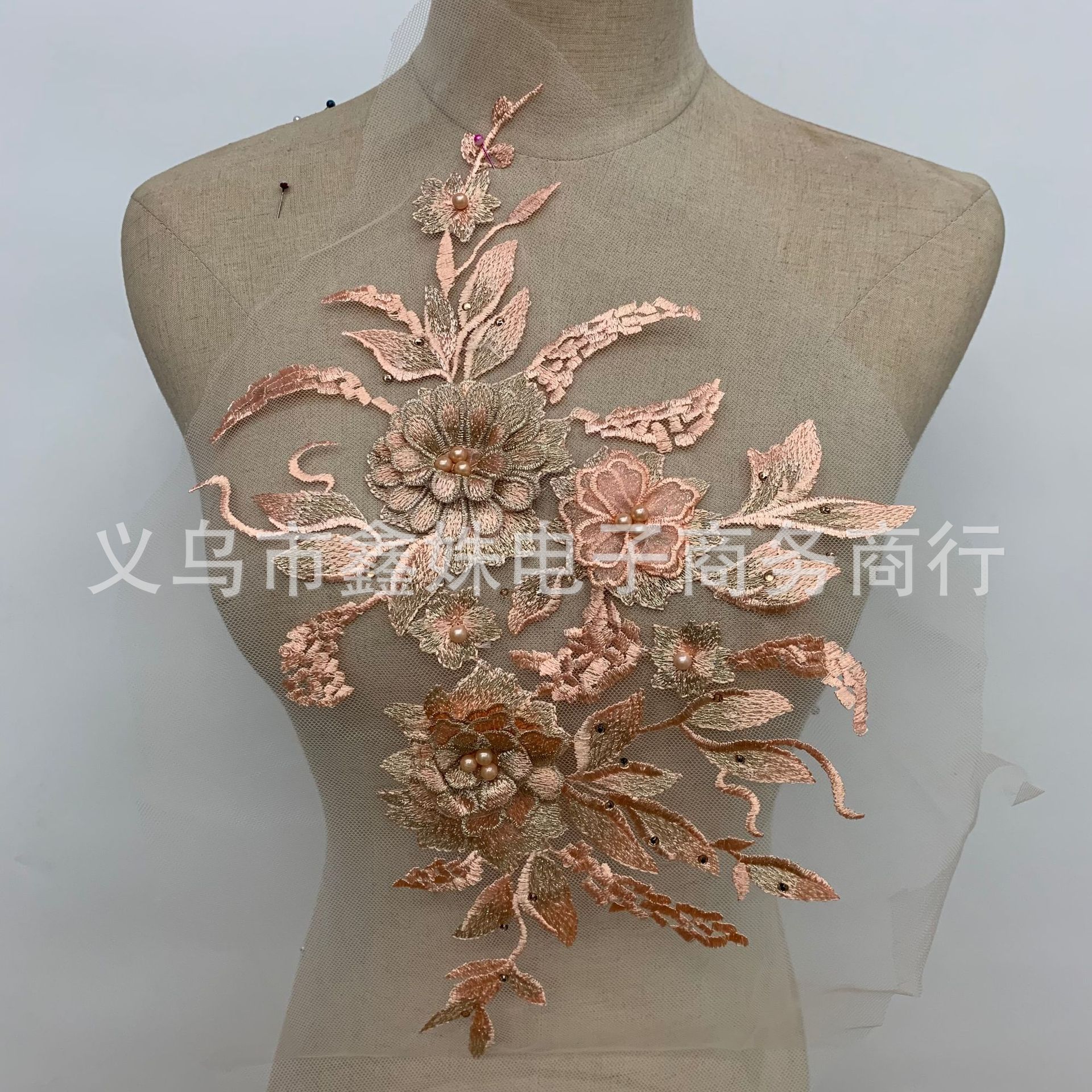 Three-dimensional flower mesh fabric, embroidered fabric, pasted beaded, embossed diamond, lace, wedding dress, dance dress patch Application Scenario