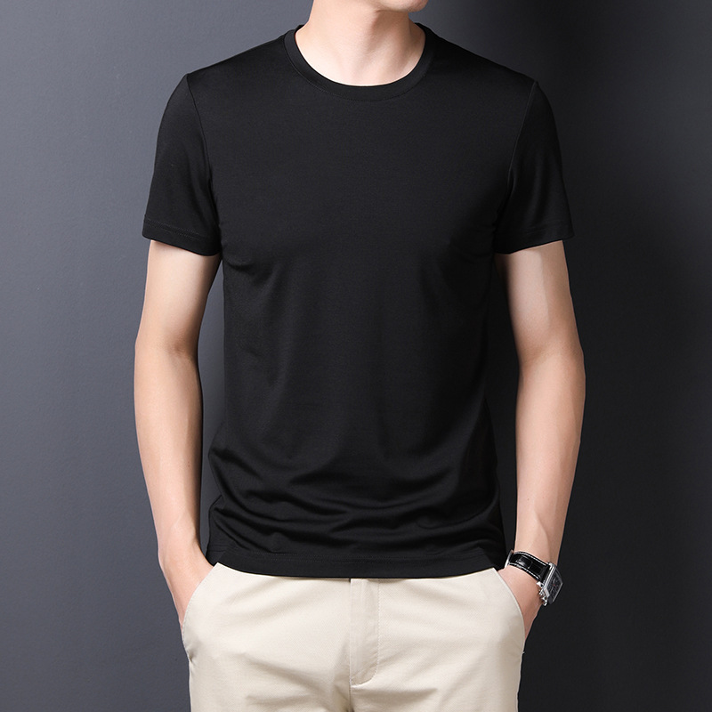 Men's summer new Tencel cotton short-sleeved T-shirt, round-neck solid color ice silk casual thin T-shirt, Tencel wholesale details Picture