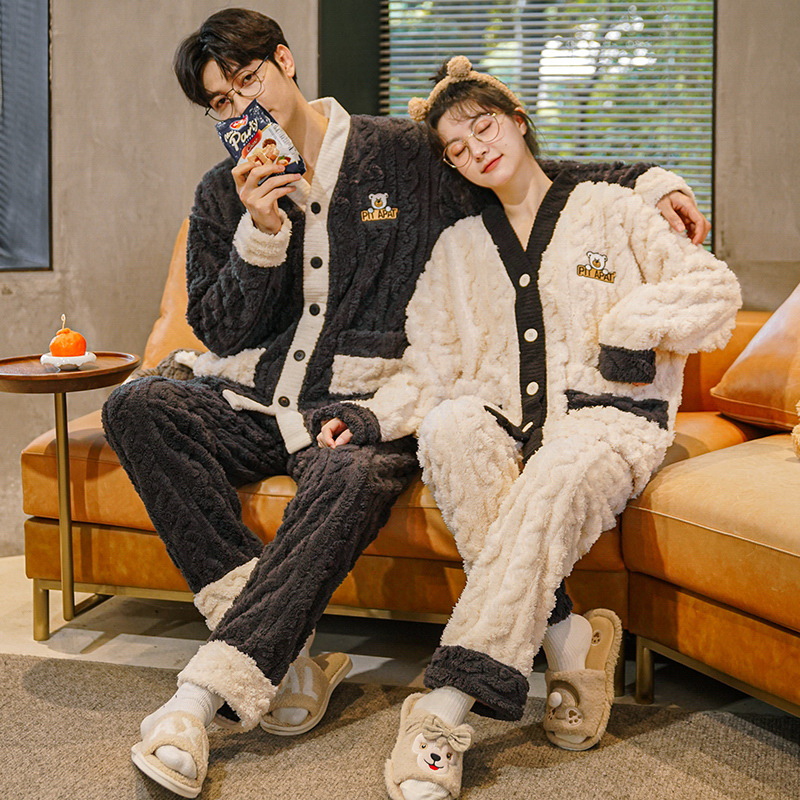 Flannel Couple Pajamas Women's Long Sleeve Set Sweet Cute Loose Men Plus Size Coral Velvet Homewear Winter details Picture
