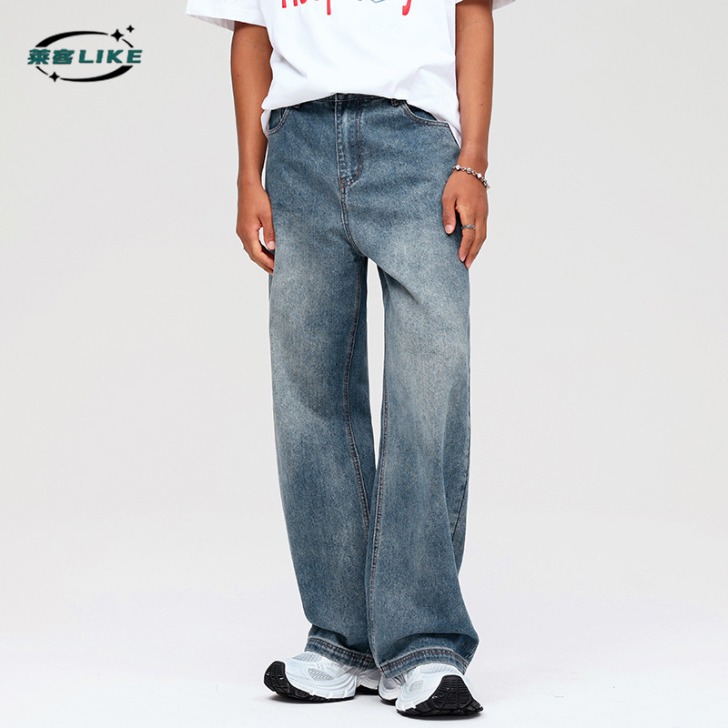 LK男装|美式做旧直筒牛仔裤男女潮牌百搭休闲阔腿拖地长裤子1012