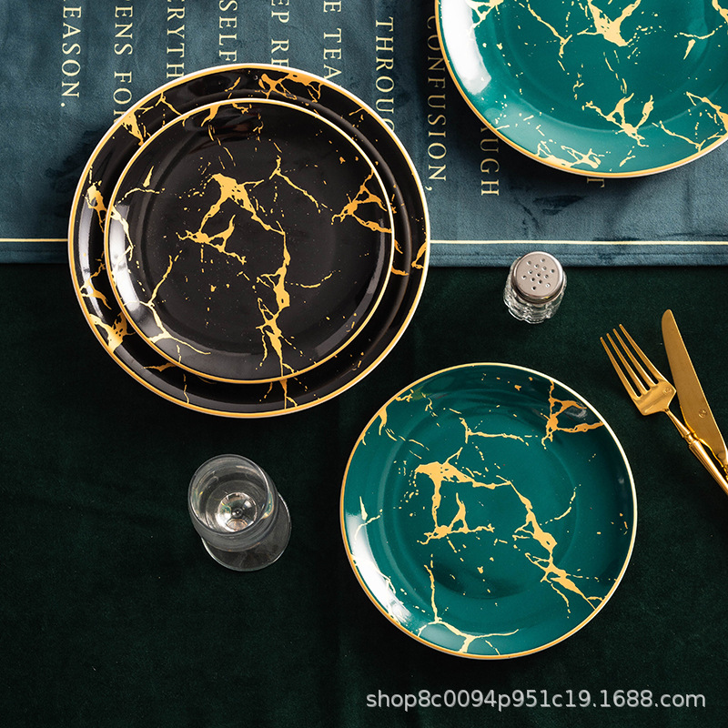 欧式金边餐具大理石纹盘西餐盘牛排盘家用餐具宴会甜品摆盘样板房