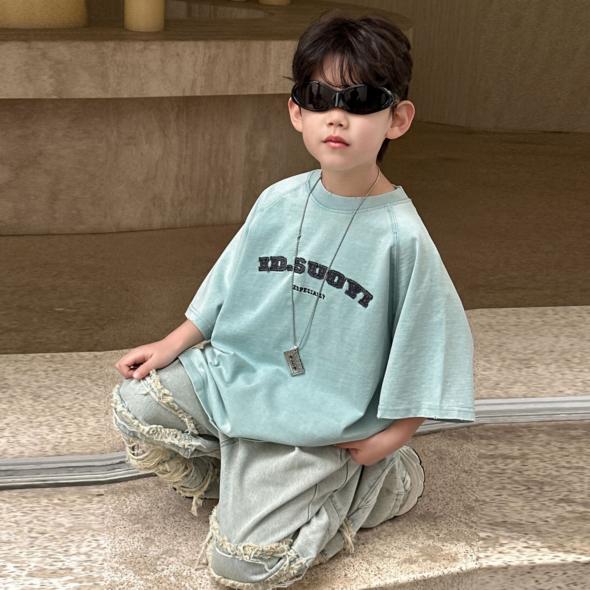 Children's pure cotton T-shirt 2025 Summer New Style for Boys, thin short-sleeved top for small kids, loose mid-sleeved summer wear Trend 6 details Picture