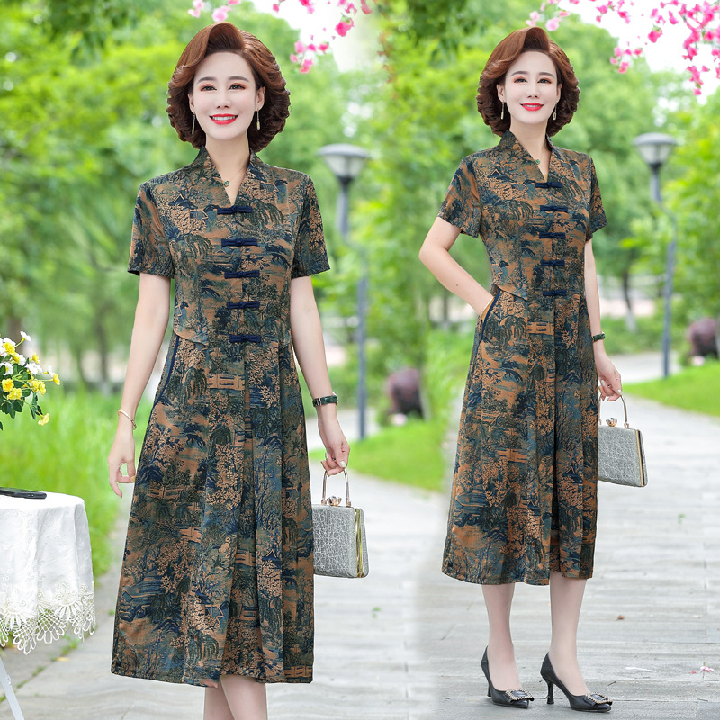 高档夏季真丝香云纱连衣裙大码中老年女装妈妈遮肚民族风桑蚕丝裙详情图2