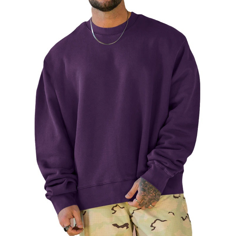Cross-border men's hoodie, autumn loose, large-sized solid color round-neck hoodie, men's fur loop fabric, versatile, sporty and trendy coat Item Picture