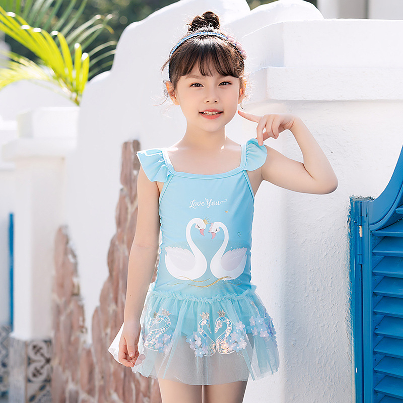 儿童泳衣女童短袖款连体套装中小童防晒沙滩可爱速干泳装女童泳衣详情图2