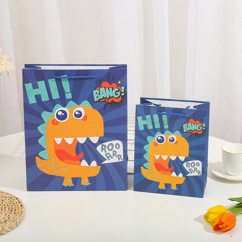 Cartoon Q-version dinosaur gift bags, hand-held bags, gilded and powder-coated paper bags, birthday return gifts and souvenirs, South American packaging bags